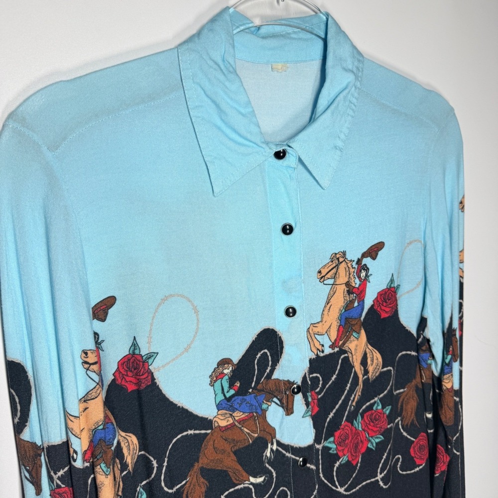 Roper Cowgirl Rider Western Shirt Blue Black Rayon - See measurements - Picture 4 of 10
